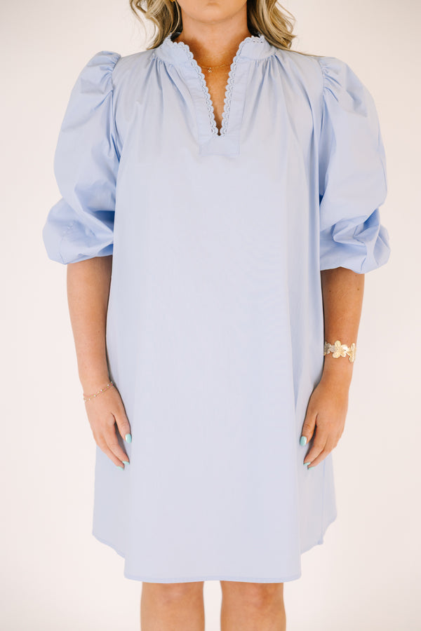 Chic Soul plus size clothing, light blue knee length dress with short bubble sleeves and a v-neckline that is outlined in a scalloped detail