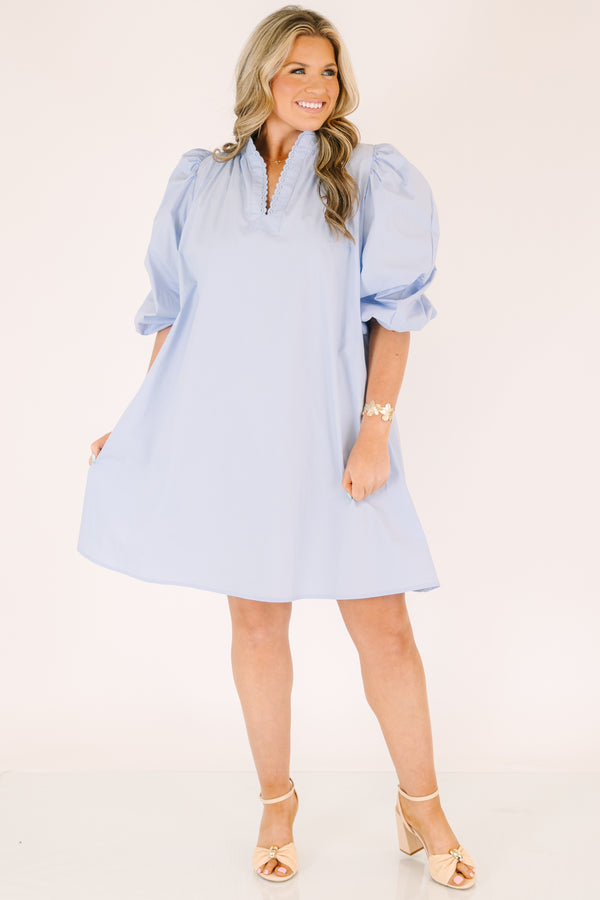 Chic Soul plus size clothing, light blue knee length dress with short bubble sleeves and a v-neckline that is outlined in a scalloped detail