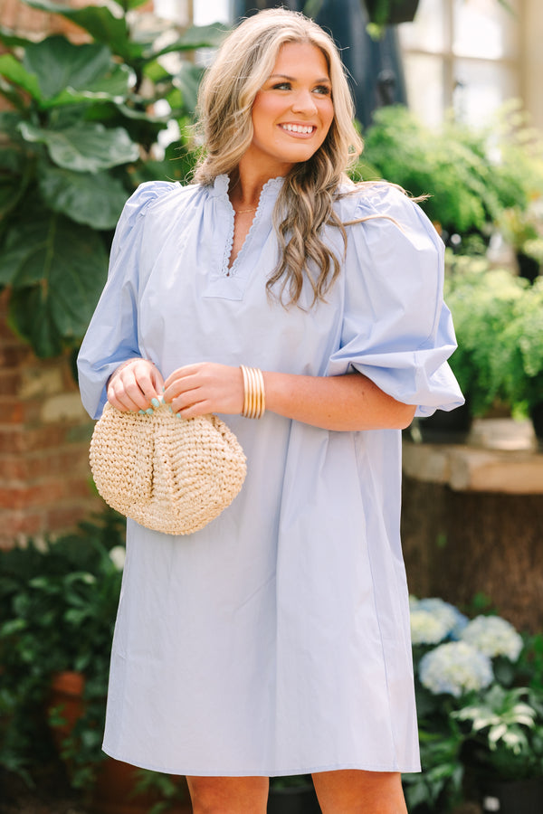 Chic Soul plus size clothing, light blue knee length dress with short bubble sleeves and a v-neckline that is outlined in a scalloped detail