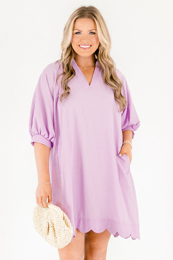 Chic Soul plus size clothing, light purple 3/4 puff sleeve baby doll dress with v neckline cutout and scalloped trim at the bottom