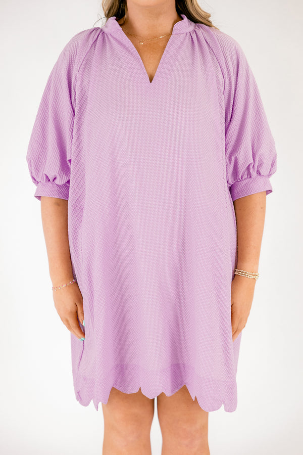 Chic Soul plus size clothing, light purple 3/4 puff sleeve baby doll dress with v neckline cutout and scalloped trim at the bottom