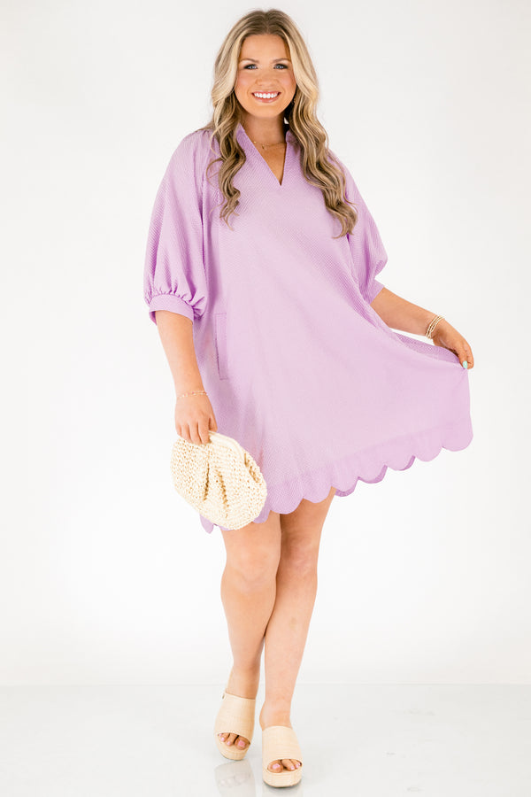 Chic Soul plus size clothing, light purple 3/4 puff sleeve baby doll dress with v neckline cutout and scalloped trim at the bottom