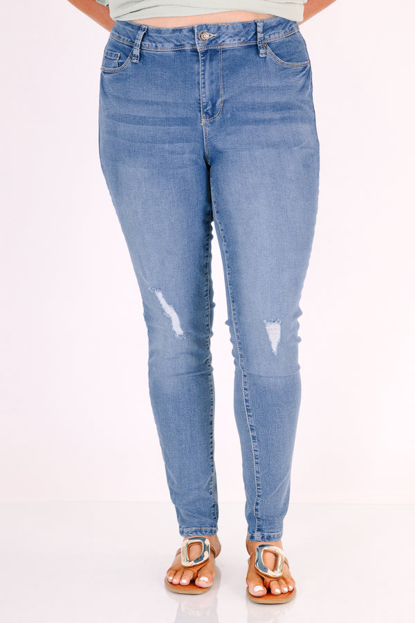 Chic Soul plus size clothing, medium wash skinny jeans with distressing at the knees