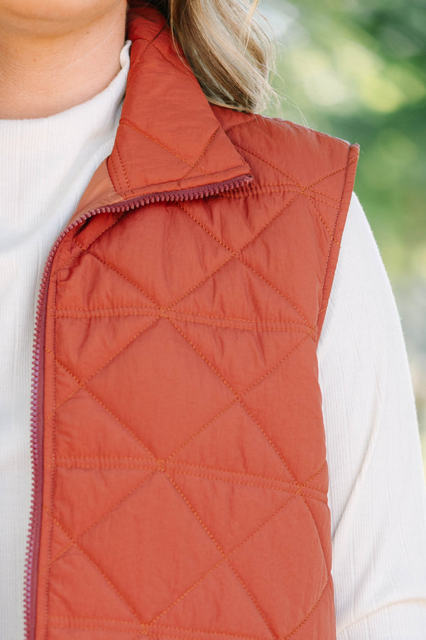 Plus size brown quilted vest with a zip-up front and a cozy, comfortable fit.