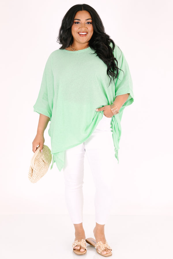 Chic Soul plus size clothing, mint green flowy short sleeve tunic with a high scoop neck 