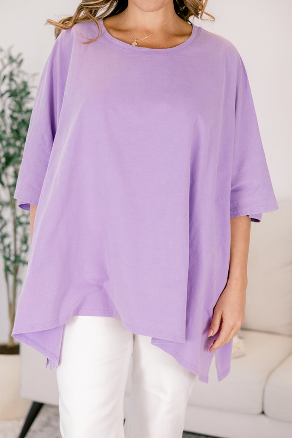 Chic Soul plus size clothing, purple flowy short sleeve tunic with a high neck 
