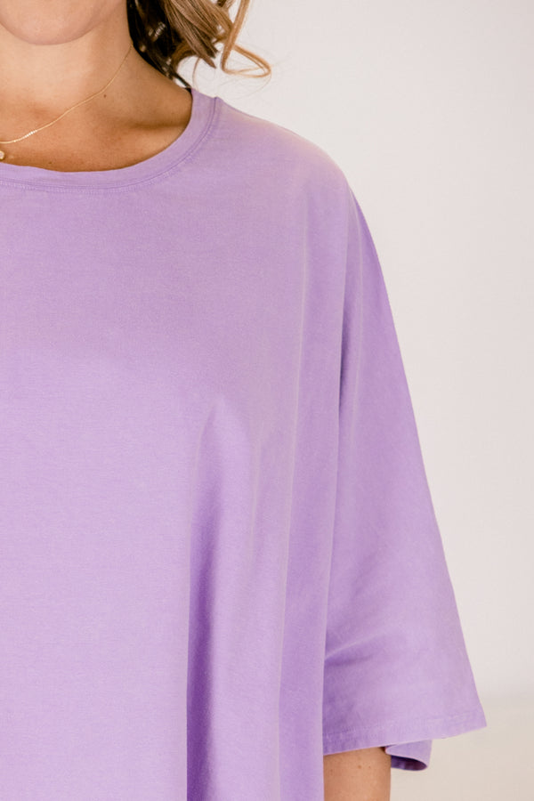 Chic Soul plus size clothing, purple flowy short sleeve tunic with a high neck 
