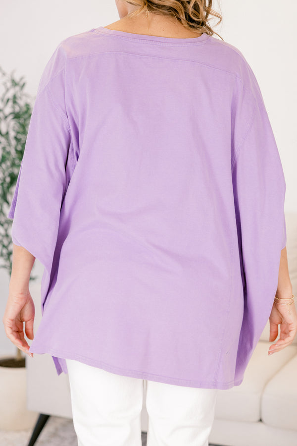 Chic Soul plus size clothing, purple flowy short sleeve tunic with a high neck 
