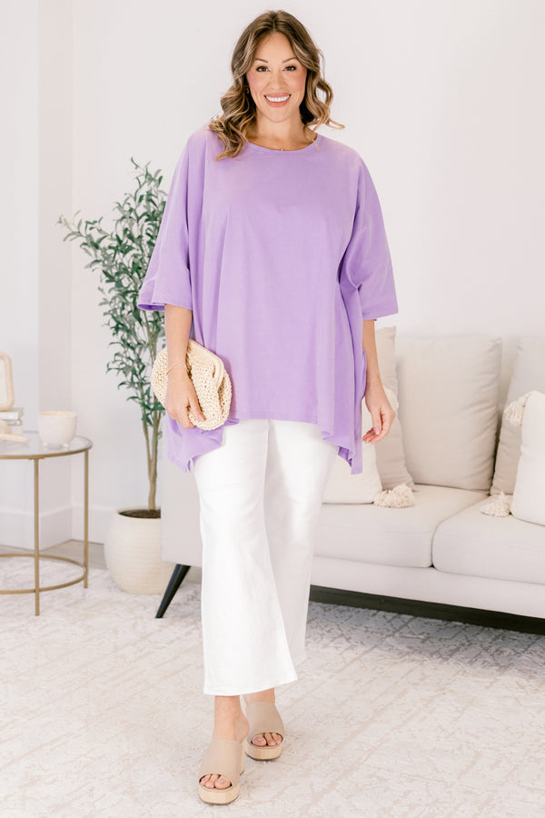 Chic Soul plus size clothing, purple flowy short sleeve tunic with a high neck 
