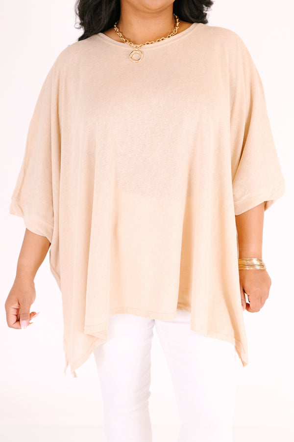 Chic Soul plus size clothing, tan flowy short sleeve tunic with a high scoop neck 