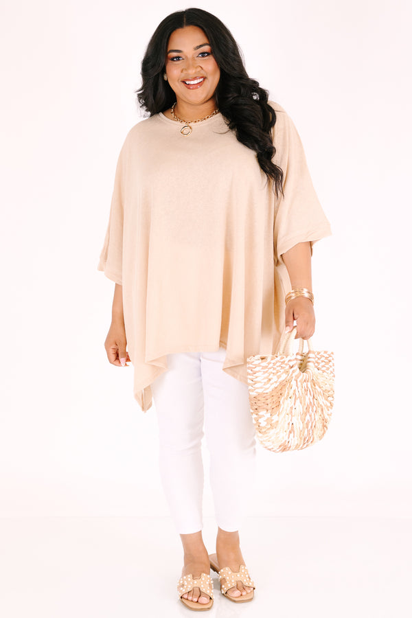 Chic Soul plus size clothing, tan flowy short sleeve tunic with a high scoop neck 