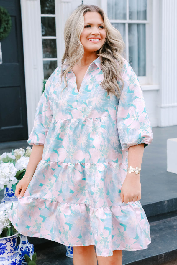 Chic Soul plus size clothing, green and pink floral print 3/4 sleeve tiered baby doll dress with v neck cutout and collar