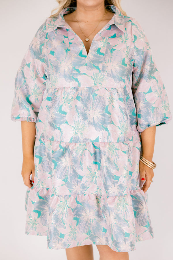 Chic Soul plus size clothing, green and pink floral print 3/4 sleeve tiered baby doll dress with v neck cutout and collar