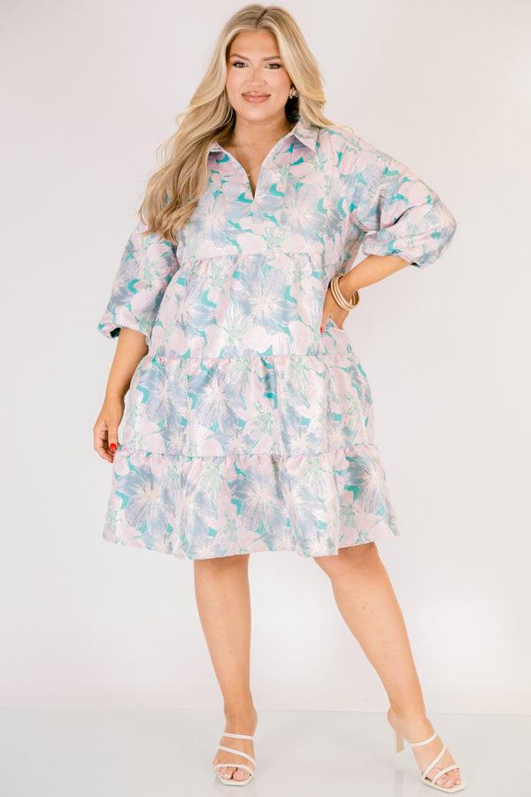 Chic Soul plus size clothing, green and pink floral print 3/4 sleeve tiered baby doll dress with v neck cutout and collar