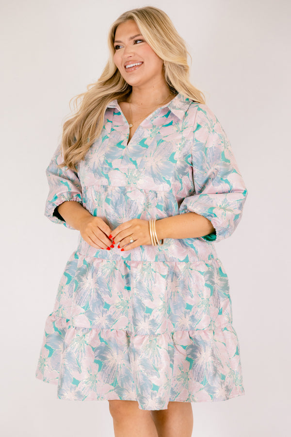 Chic Soul plus size clothing, green and pink floral print 3/4 sleeve tiered baby doll dress with v neck cutout and collar