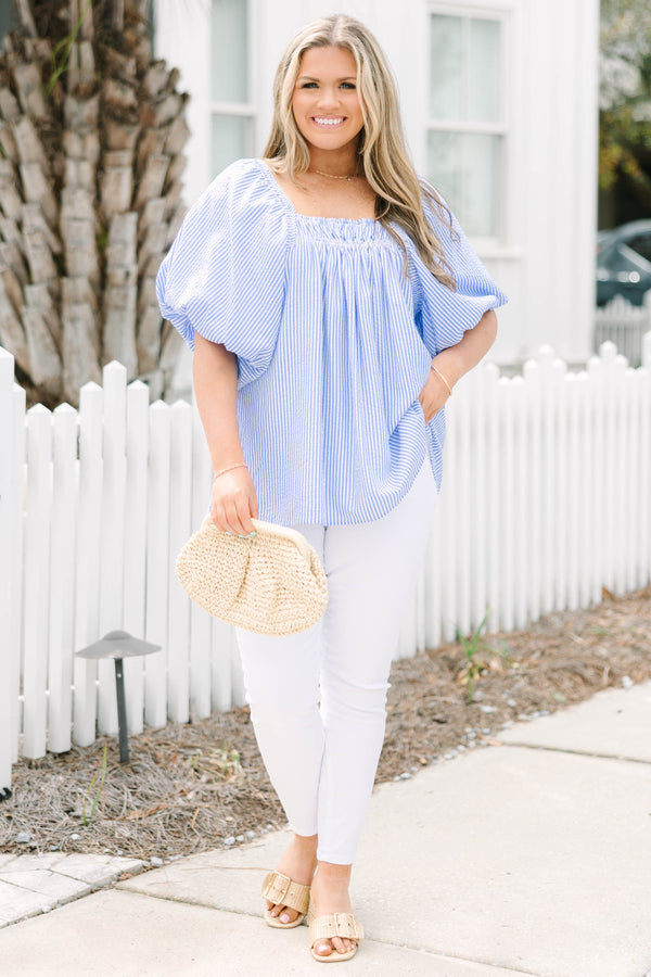 Chic Soul plus size clothing, blue and white pin stripe puff short sleeve top with square neckline