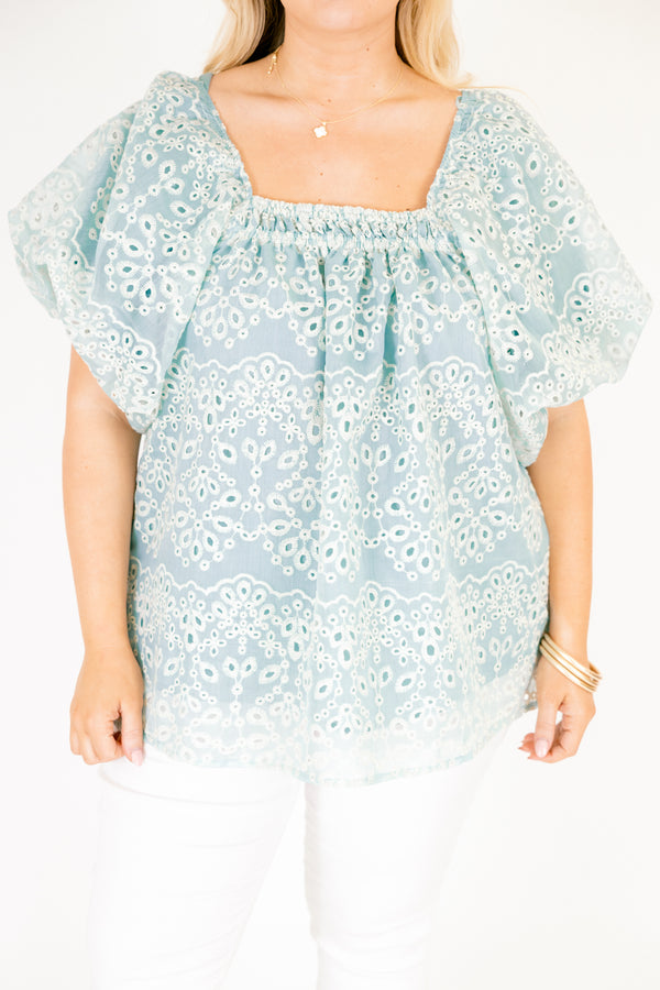 Chic Soul plus size clothing, teal eyelet baby doll top with short bell sleeves and a square neckline 