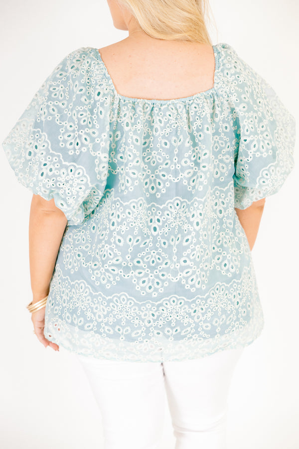 Chic Soul plus size clothing, teal eyelet baby doll top with short bell sleeves and a square neckline 