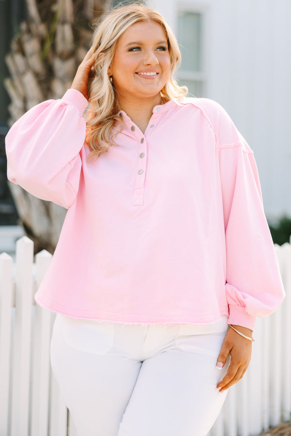 Chic Soul plus size clothing, light pink pullover with long bubble sleeves and buttons going down to the chest area 