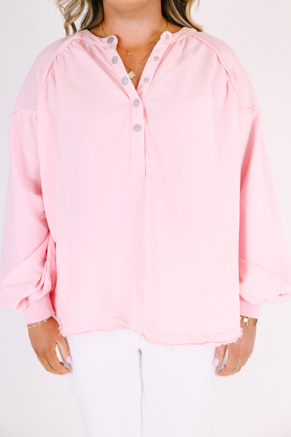 Chic Soul plus size clothing, light pink pullover with long bubble sleeves and buttons going down to the chest area 