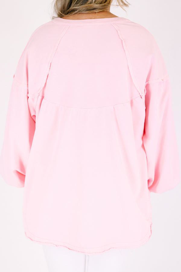 Chic Soul plus size clothing, light pink pullover with long bubble sleeves and buttons going down to the chest area 