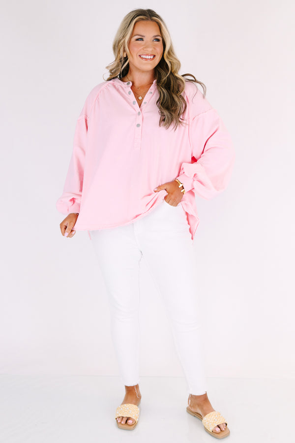 Chic Soul plus size clothing, light pink pullover with long bubble sleeves and buttons going down to the chest area 