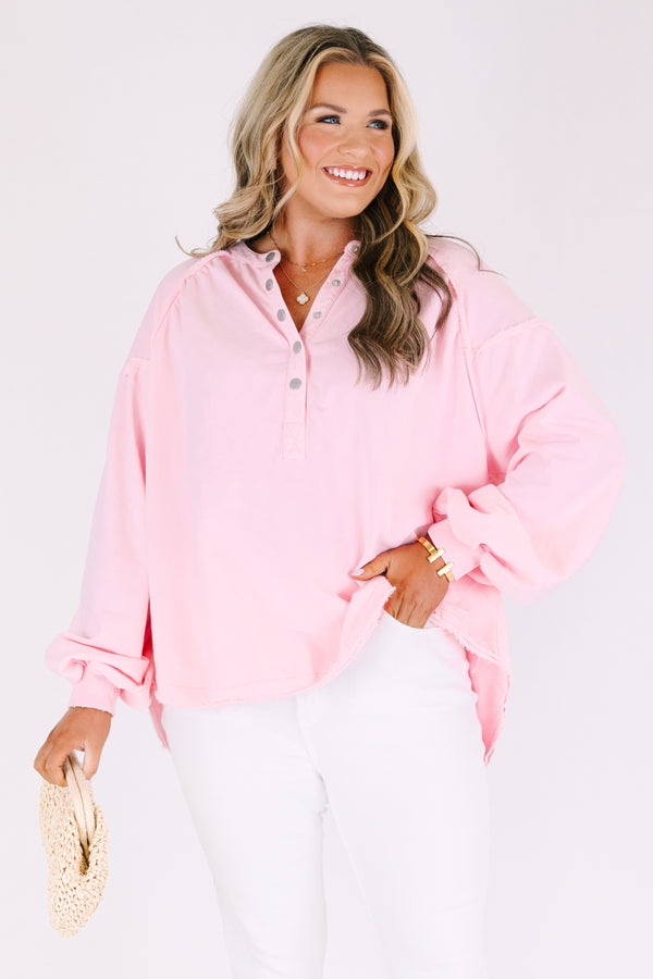 Chic Soul plus size clothing, light pink pullover with long bubble sleeves and buttons going down to the chest area 