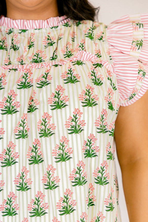 Chic Soul plus size clothing, pink and white pin stripe flutter sleeve top with cream and green pin stripe pattern and pink and green floral print