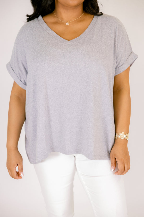 Plus Size heather grey v-neck tee with short cuffed sleeves and a relaxed fit.