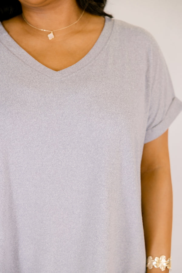 Plus Size heather grey v-neck tee with short cuffed sleeves and a relaxed fit.