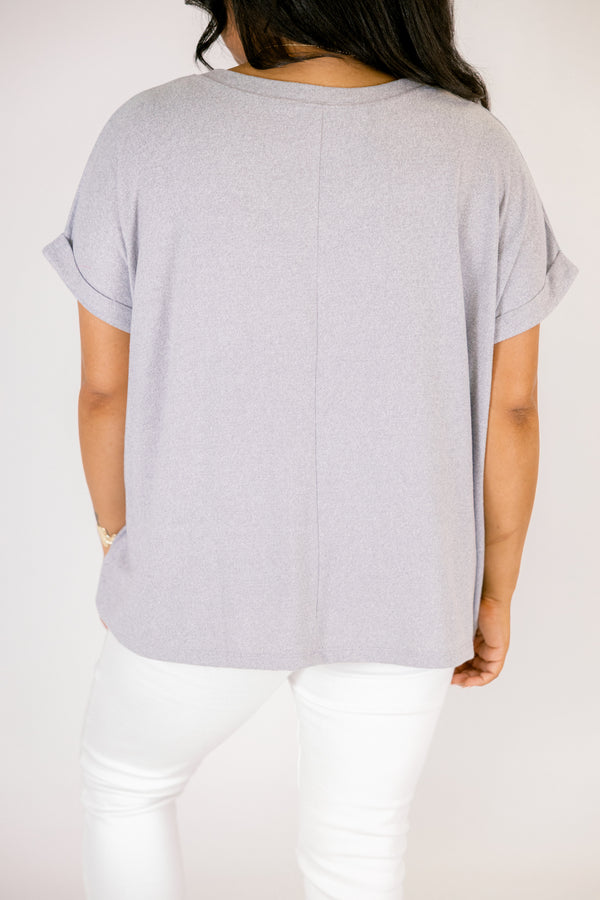 Plus Size heather grey v-neck tee with short cuffed sleeves and a relaxed fit.