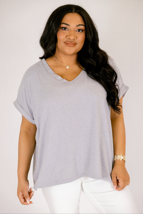 Plus Size heather grey v-neck tee with short cuffed sleeves and a relaxed fit.