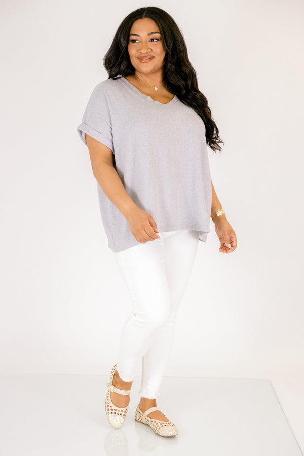 Plus Size heather grey v-neck tee with short cuffed sleeves and a relaxed fit.
