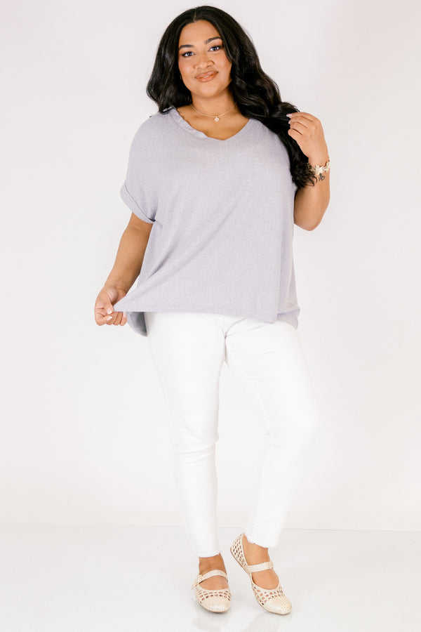 Plus Size heather grey v-neck tee with short cuffed sleeves and a relaxed fit.