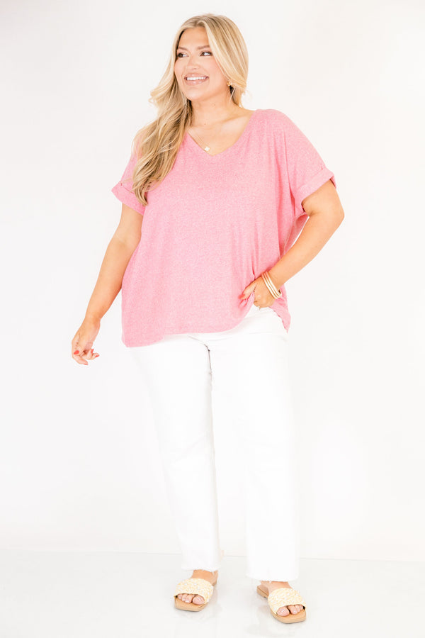 Plus Size heather kelly green crew neck cotton tee with cuffed short sleeves and white pants.