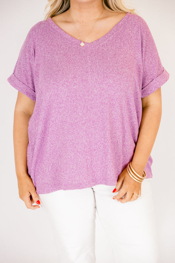 Plus Size light plum v-neck tee with cuffed short sleeves and a relaxed fit.