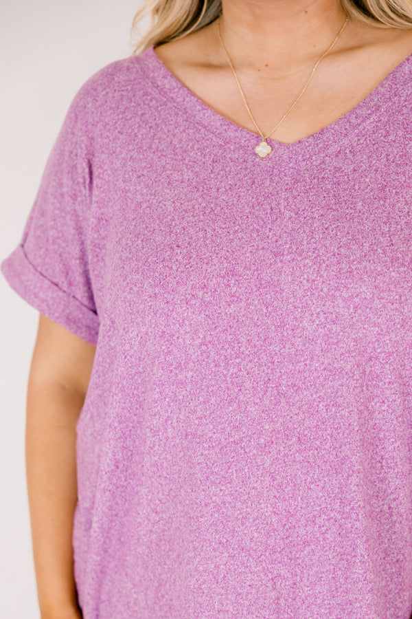 Plus Size light plum v-neck tee with cuffed short sleeves and a relaxed fit.