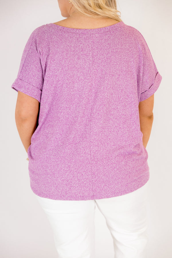 Plus Size light plum v-neck tee with cuffed short sleeves and a relaxed fit.