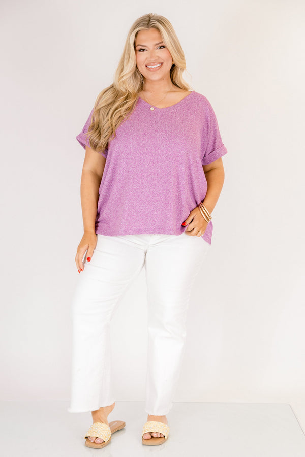 Plus Size light plum v-neck tee with cuffed short sleeves and a relaxed fit.