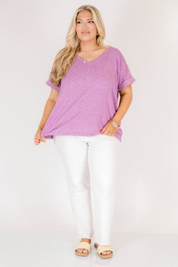 Plus Size light plum v-neck tee with cuffed short sleeves and a relaxed fit.