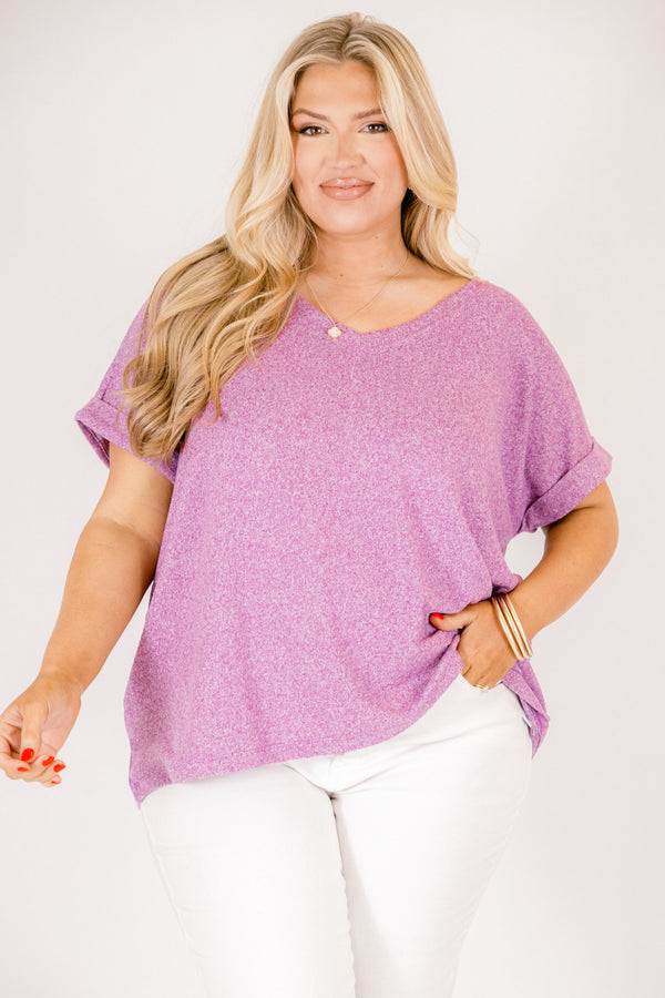 Plus Size light plum v-neck tee with cuffed short sleeves and a relaxed fit.