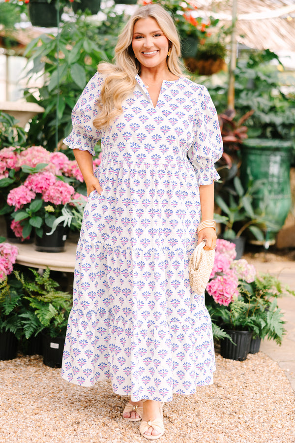 Chic Soul plus size clothing, white puff half sleeve tiered maxi dress with cinching and ruffles at the end of the sleeves, and a purple floral block print