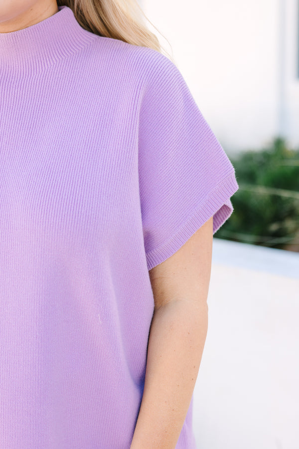 Plus Size purple mock neck sweater with short cap sleeves and a ribbed knit texture.