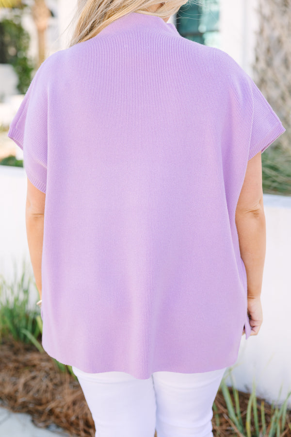 Plus Size purple mock neck sweater with short cap sleeves and a ribbed knit texture.