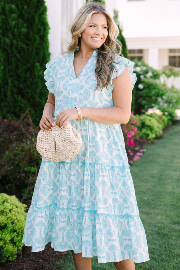 Chic Soul plus size clothing, white tiered midi dress with flutter sleeves a slight v-neckline and a turquoise abstract fan pattern throughout 
