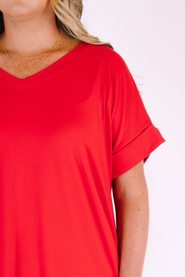 Plus Size ruby red v-neck dress with rolled short sleeves, a relaxed fit, and side pockets.