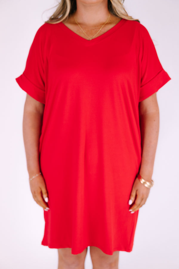Plus Size ruby red v-neck dress with rolled short sleeves, a relaxed fit, and side pockets.