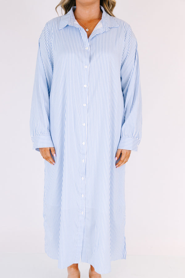Chic Soul plus size clothing, blue and white pin stripe long sleeve button down maxi dress with collar