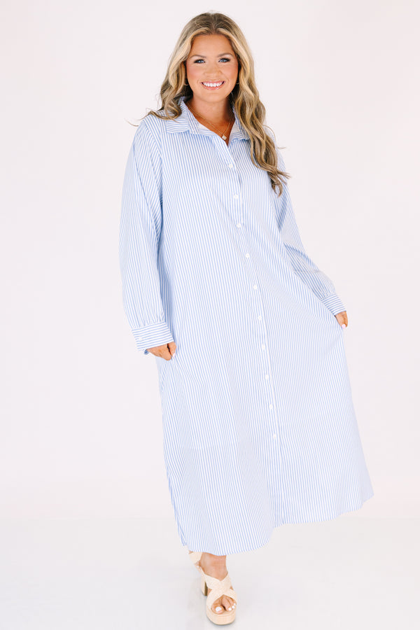 Chic Soul plus size clothing, blue and white pin stripe long sleeve button down maxi dress with collar