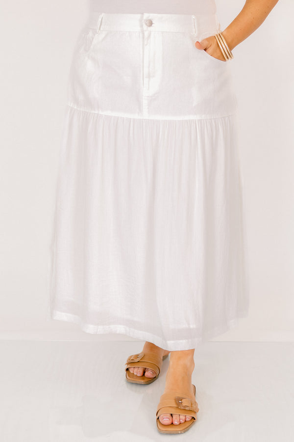 Chic Soul plus size clothing, off white flowy maxi skirt with two front pockets and a button 